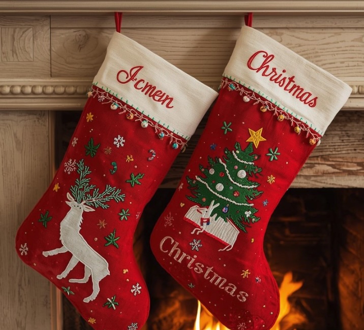 Two red embroidered Christmas stockings hang from a white mantel in front of a fireplace. One stocking features a white reindeer with green antlers and the name “Jcmen” stitched at the top, while the other displays a decorated Christmas tree and the word “Christmas” stitched along the cuff. Both stockings include festive embroidered details and small decorative beads.