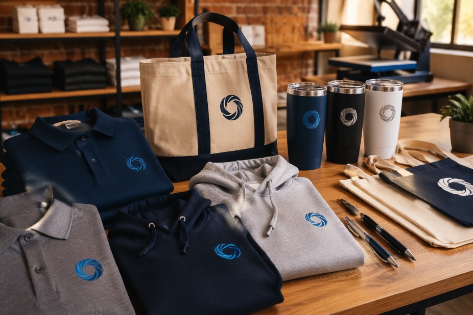 A neatly arranged display of branded promotional products on a light wooden table in a bright workshop, including folded polo shirts and hoodies in navy and gray, stainless steel and white tumblers, a canvas tote bag, and pens on a notebook, all featuring a circular logo, with soft natural lighting and a blurred background.