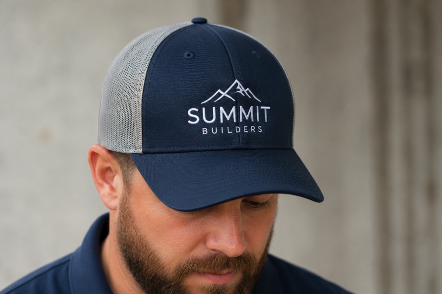 Close-up of embroidered company logo on a trade worker cap