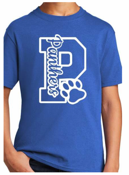 Youth Panthers spirit T-shirt in royal blue with white varsity-style Panther logo for a New Jersey school or recreation sports team.